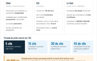 Infografic: contractul de muncă pe durată determinată – cazuri, durată maximă, perioada de probă, încetare și amenda pentru munca fără contract