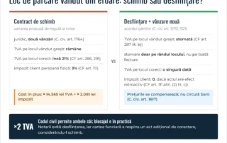 Infografic: loc de parcare vândut din eroare – contractul de schimb înseamnă TVA de două ori și impozit de 3% pentru client, în timp ce desființarea prin acord și o vânzare nouă permit stornarea TVA; Codul civil permite ambele căi, blocajul e în practica notarilor și a cărții funciare