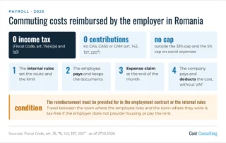 Infographic: commuting costs reimbursed by the employer in Romania – no income tax or contributions, no cap, reimbursement steps
