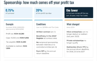 Infographic: sponsorship in Romania in 2026 – the 0.75% of turnover and 20% of profit tax caps, example, conditions and changes